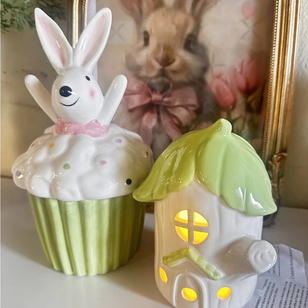 Easter Ceramic Bunny Cupcake and House Decor